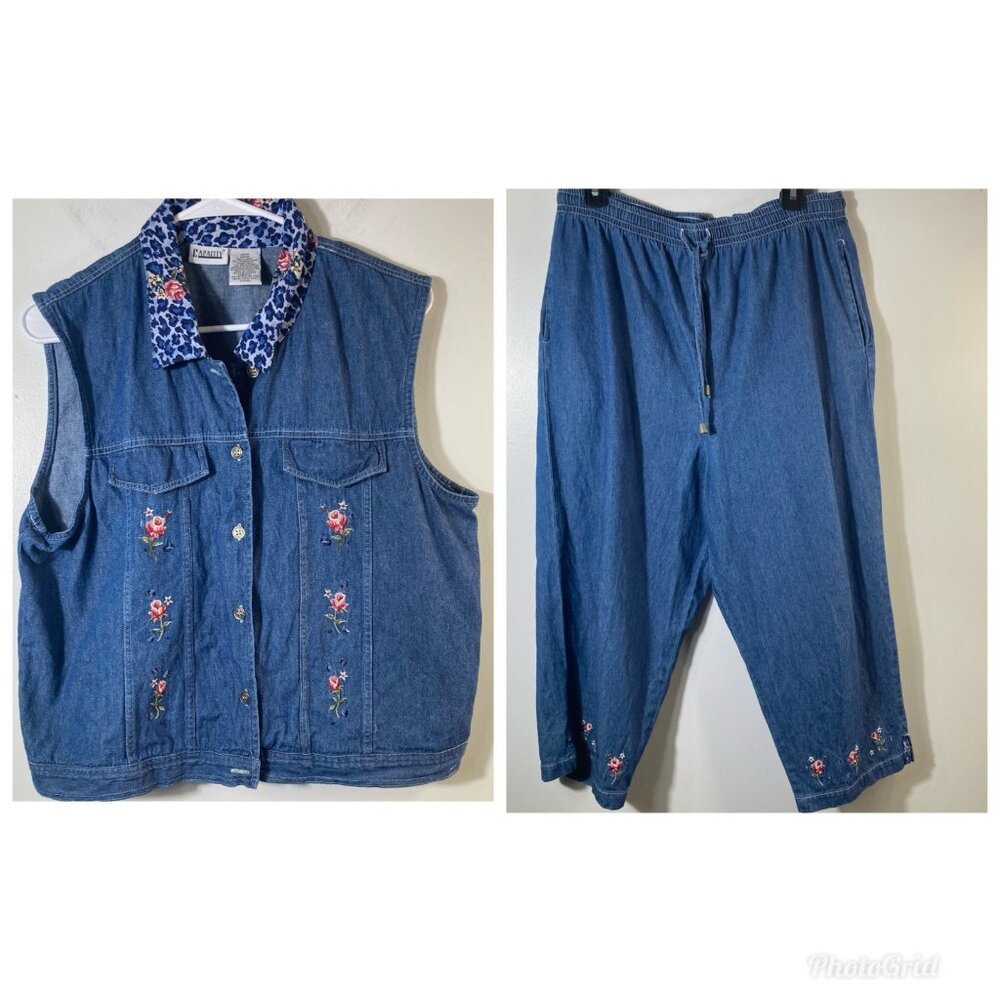 Womens Vintage Capacity‎ 2 Piece Set Denim Top M Jeans L Floral Embroidered